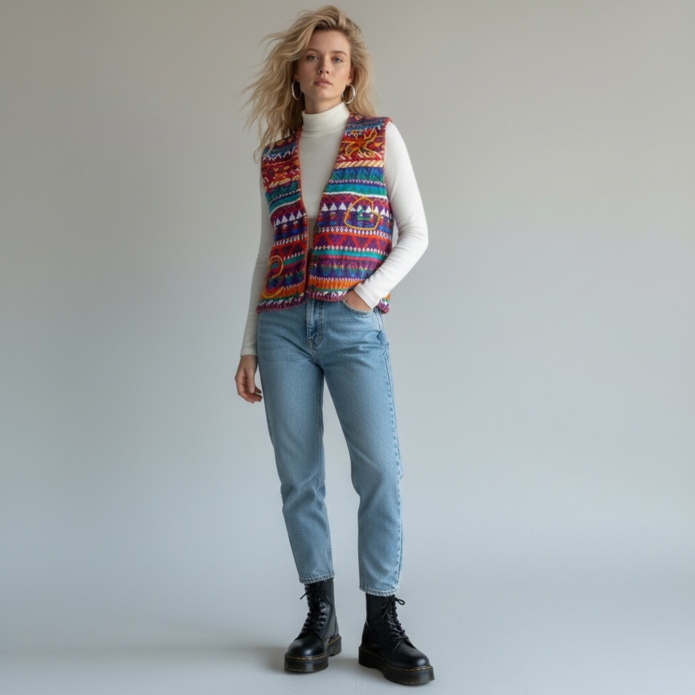 Unique Vintage Rainbow 3D Knit Embroidered Button Up Sweater Vest Grannycore